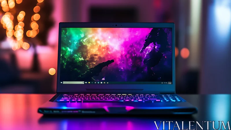 Neon galaxies spill from a gaming laptop into the quiet room