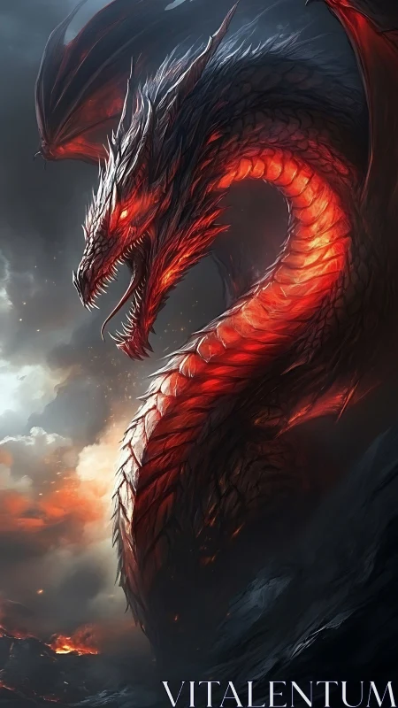 Infernal serpent dragon coiled in stormlit volcanic skies.