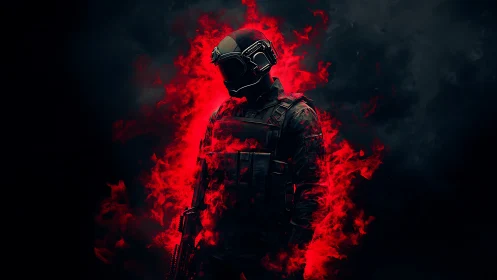 Armored futuristic soldier emerges through crimson flames.