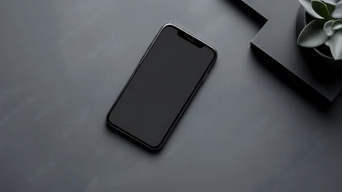 Black smartphone on gray surface with minimal desk setup.