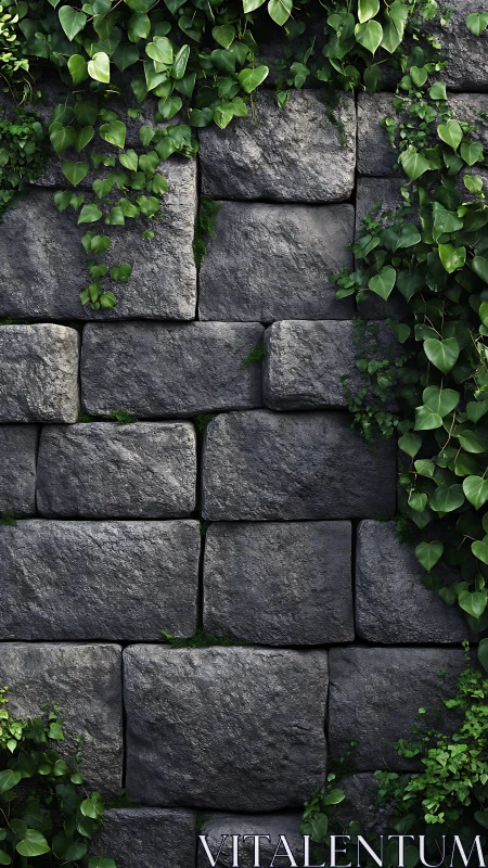 Textured stone masonry wall with creeping vine colonization.
