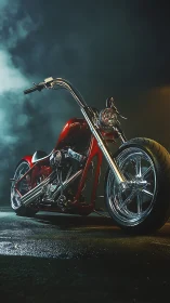 Custom red chopper motorcycle gleams under moody night lights