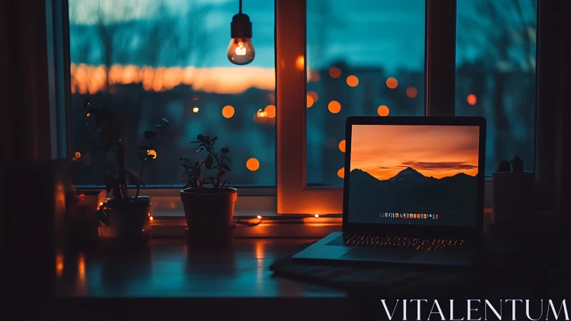 Warmly lit laptop workspace overlooks dreamy city sunset
