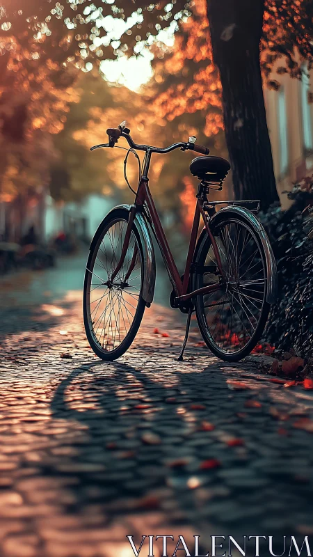 Vintage bicycle parked on cobblestone street bathed in golden hour bokeh