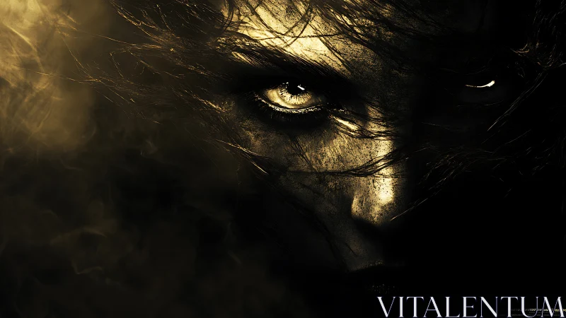 Golden-lit predator gaze slices through engulfing shadow.