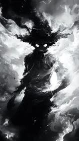 Dark figure in hat stands amid swirling monochrome flames