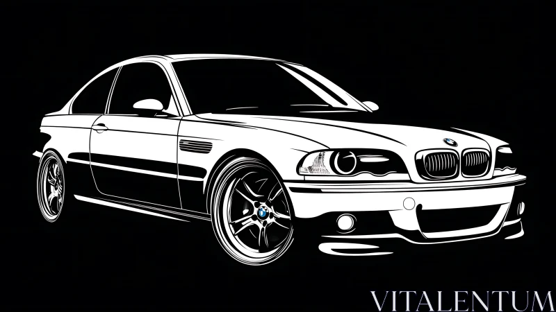 Monochrome BMW coupe illustration emphasizes bold contours.