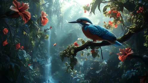 Iridescent kingfisher in volumetric-lit rainforest cascade.