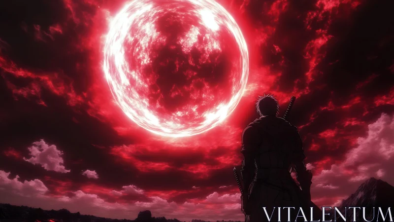Anime night warrior under apocalyptic crimson celestial sphere.