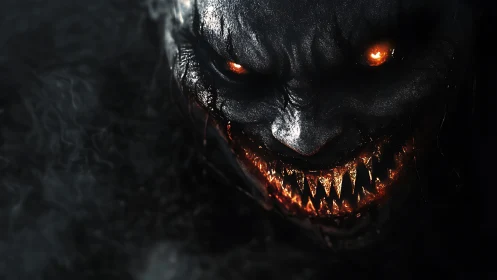 Infernal demonic visage with bioluminescent eyes and fanged maw