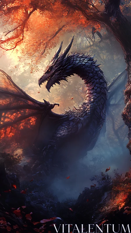 Armored obsidian dragon coiled in misty ember-lit forest