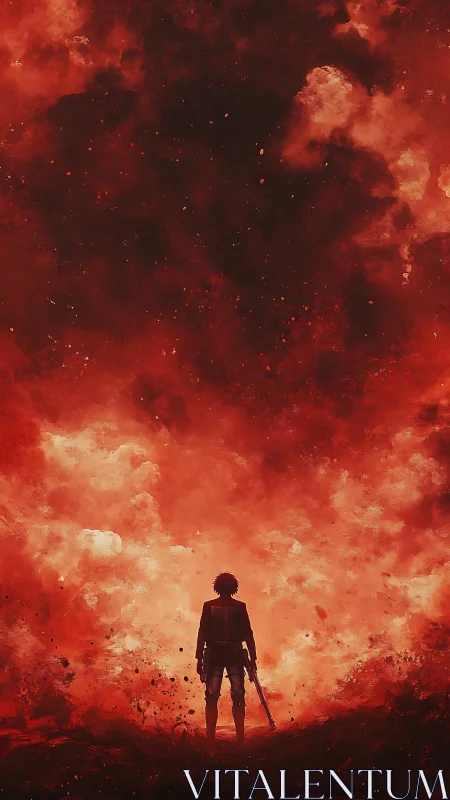 Solitary Figure Stands Against Inferno Sky.