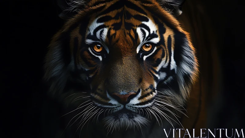 Tiger’s burning gaze emerges from deep shadowed darkness