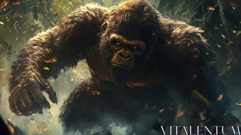 Mighty jungle gorilla striding through swirling golden light.