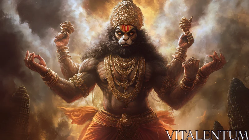 Lion-headed storm god ablaze in molten temple thunderclouds.