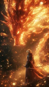 Warrior confronts towering fiery dragon in molten darkness