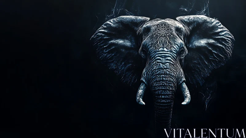 Blue digital elephant portrait on dark background.