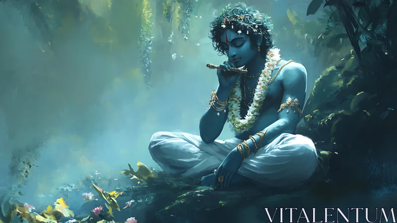 Moonlit blue flutist crowned with jungle blossoms at rest.