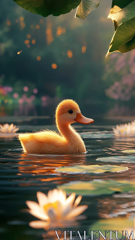 Golden duckling glides through sunlit lily pond at dusk