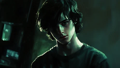 Digital portrait of young man in low key green lighting.