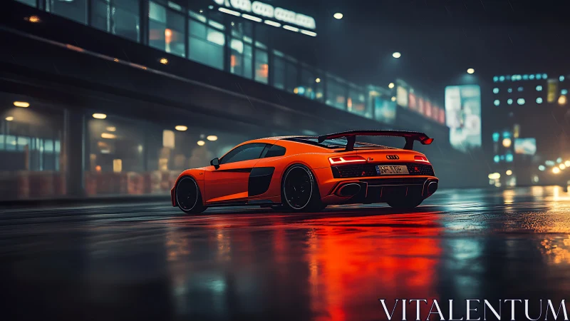 Orange sports coupe on wet city street at night in rain.