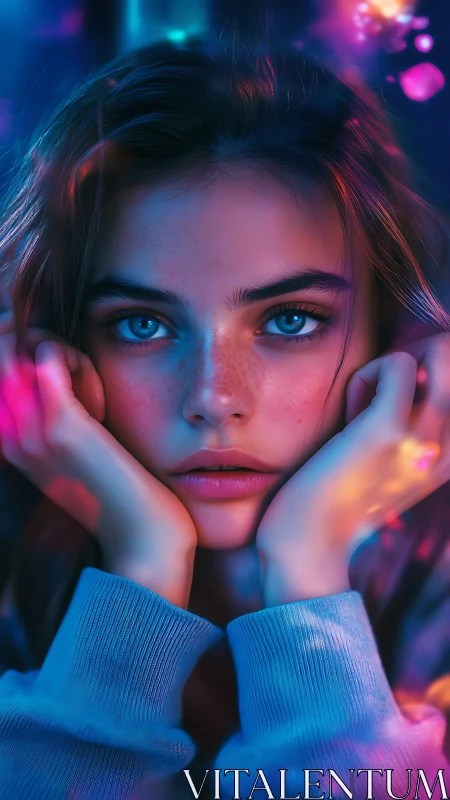 Neon portrait highlights blue-eyed girl in vivid bokeh glow.