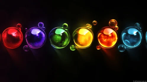 Luminous colored spheres arranged in horizontal sequence.