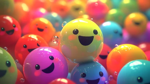 Smiling glossy spheres glow in a joyful rainbow crowd.