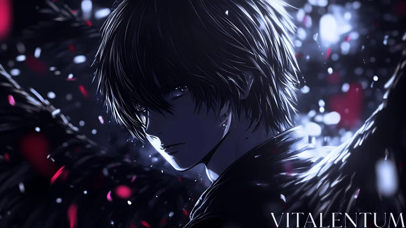 Midnight fallen angel brooding in a storm of scarlet embers.