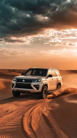 Sunset-charged SUV carves glowing tracks across restless dunes