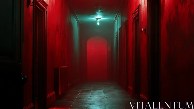 Cinematic red corridor with volumetric fog and moody overhead lamp