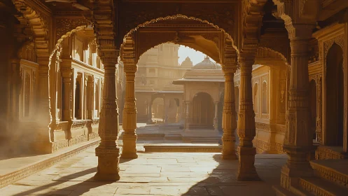 Sunlit sandstone arcade with intricate Indo-Islamic carvings.