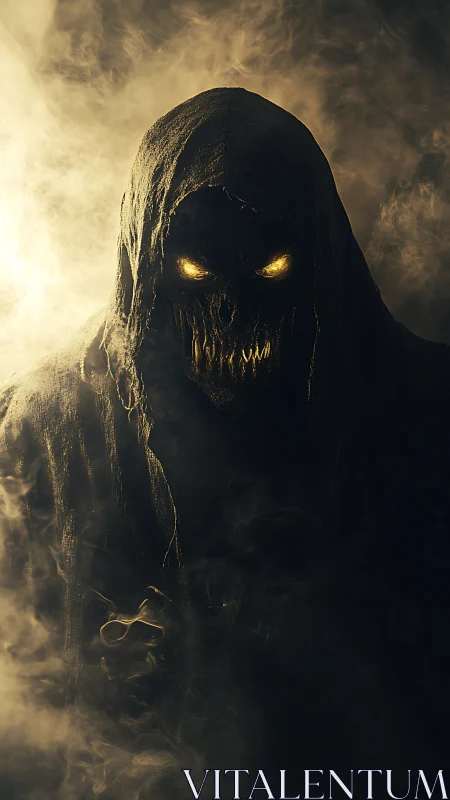 Hooded spectral entity with glowing eyes emerges from dense smoke