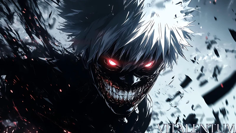 Demonic anime figure advances amid fragmented dark debris