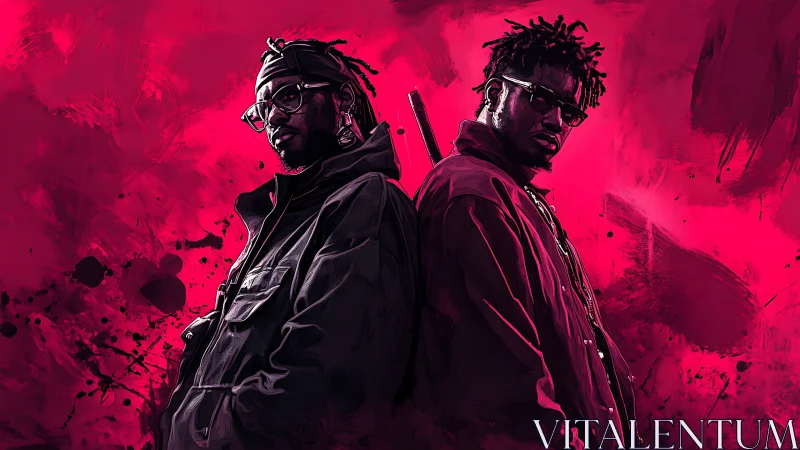 Urban duo stand back to back in bold neon magenta haze.