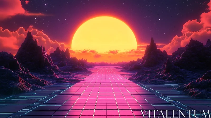 Neon magenta grid highway beneath oversized retrofuturist sun.