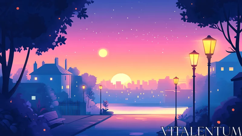 Twilight riverside cityscape with lamppost array and gradient sky.