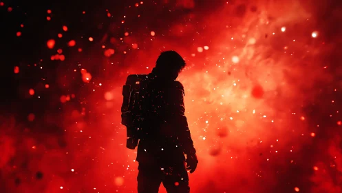 Silhouetted figure stands before dense red illuminated particles