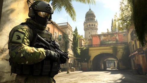 Tactical operator in camo gear securing sunlit European street