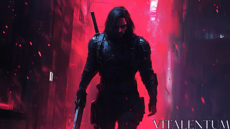 Cybernetic warrior advances through neon scarlet corridor.