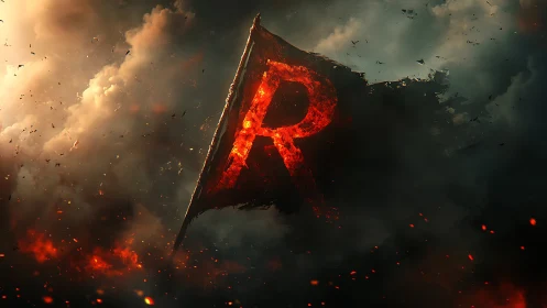 Burning flag with red letter R amid dense smoke clouds.