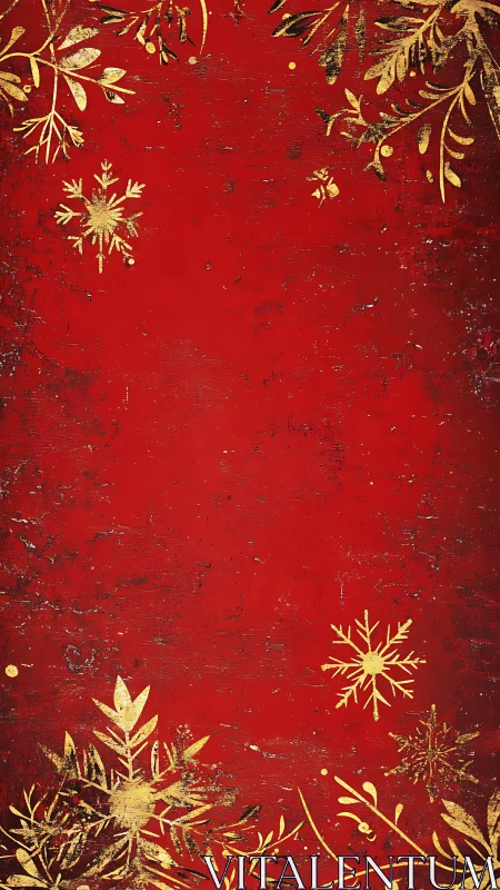 Gilded winter florals swirling across rustic crimson night.