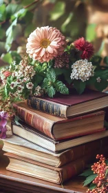 Vintage books crowned with garden blooms in warm light.