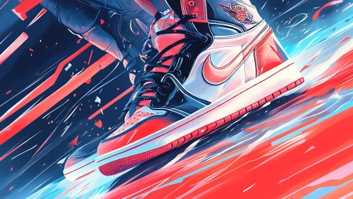 Dynamic red and white sneakers explode with high-speed energy.