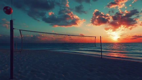 Beach volleyball net stands empty against vivid sunset sky