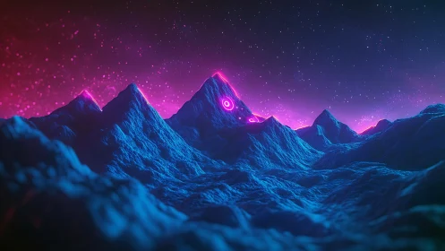 Neon lit alien mountains under vivid starry night sky.