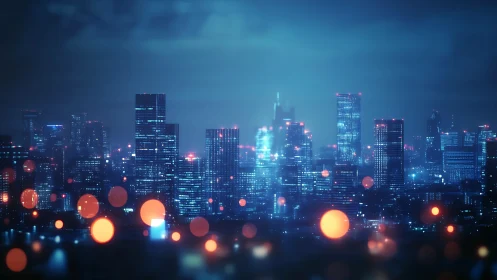 Futuristic blue city skyline glows behind soft orange bokeh