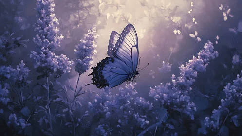 Blue butterfly in soft purple flower field at dusk.