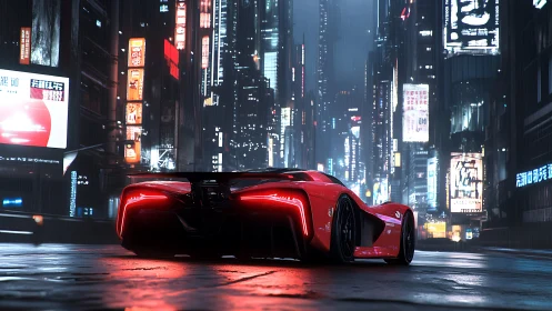 Sleek red supercar glowing through a rainy neon city street.