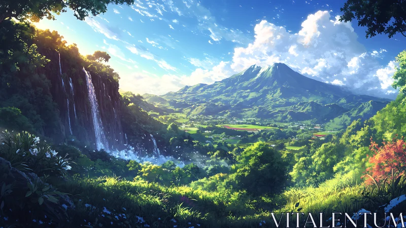 Luminous valley panorama with cascading cliff waterfalls.